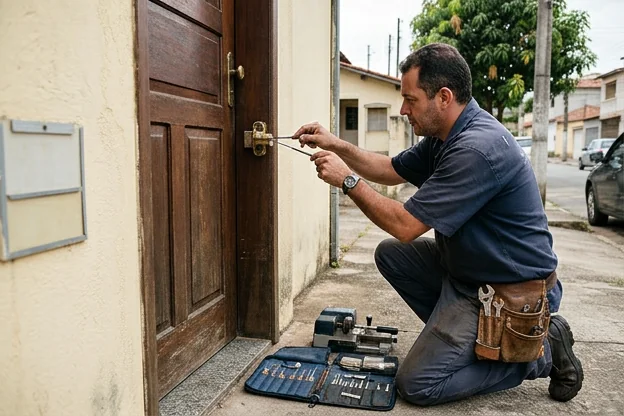 Chaveiro utilizando ferramentas para abrir uma porta em Coronel Fabriciano.